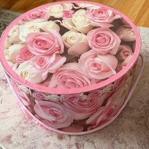 EUC~Rose Floral Pink and Cream Decorative Hat Box With Silk Rose Petals & Decor